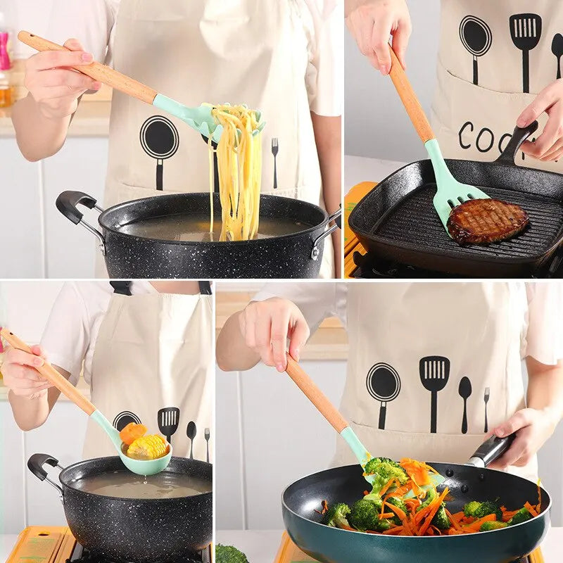 Silicone Wooden Handle Kitchen Utensils